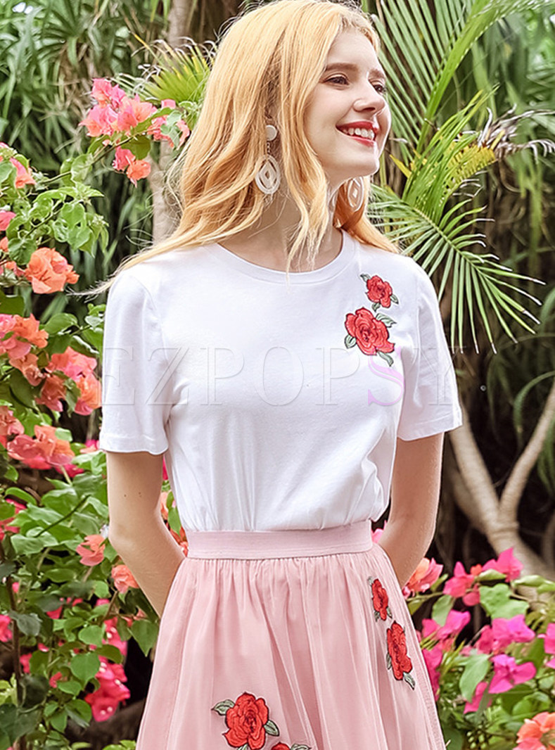 Casual Flower Embroidery Short Sleeve T-shirt