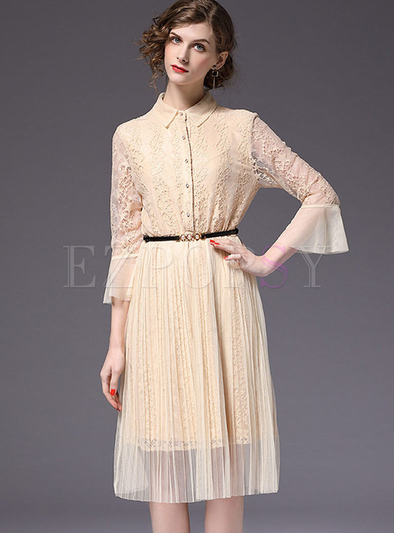 Lace Solid Color Mesh Pleated Dress