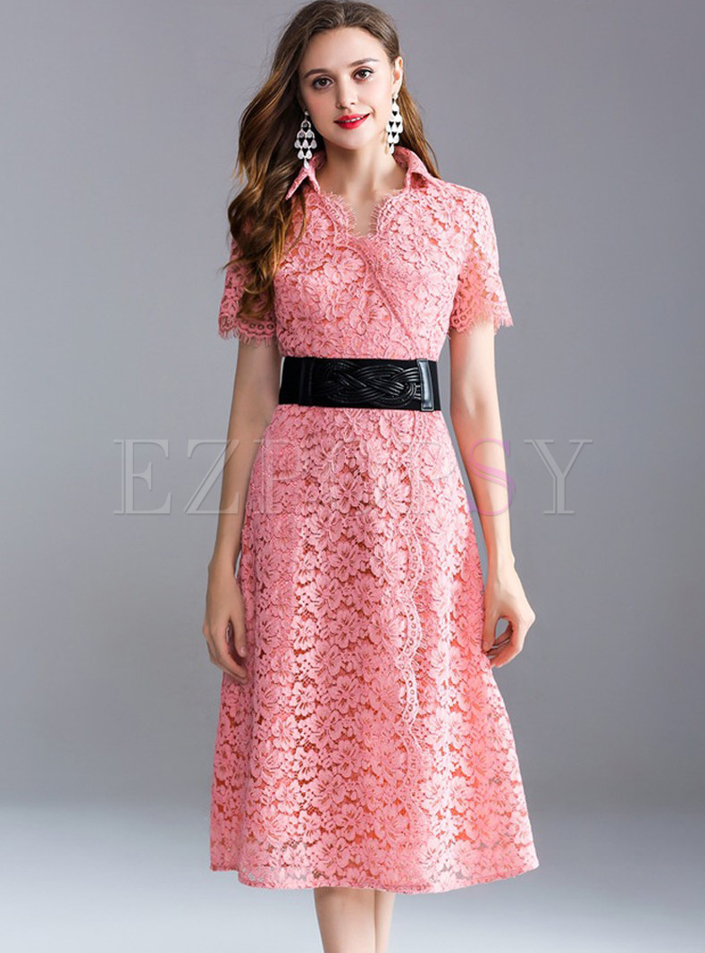 Pink Gathered Waist Embroidery Midi Dress