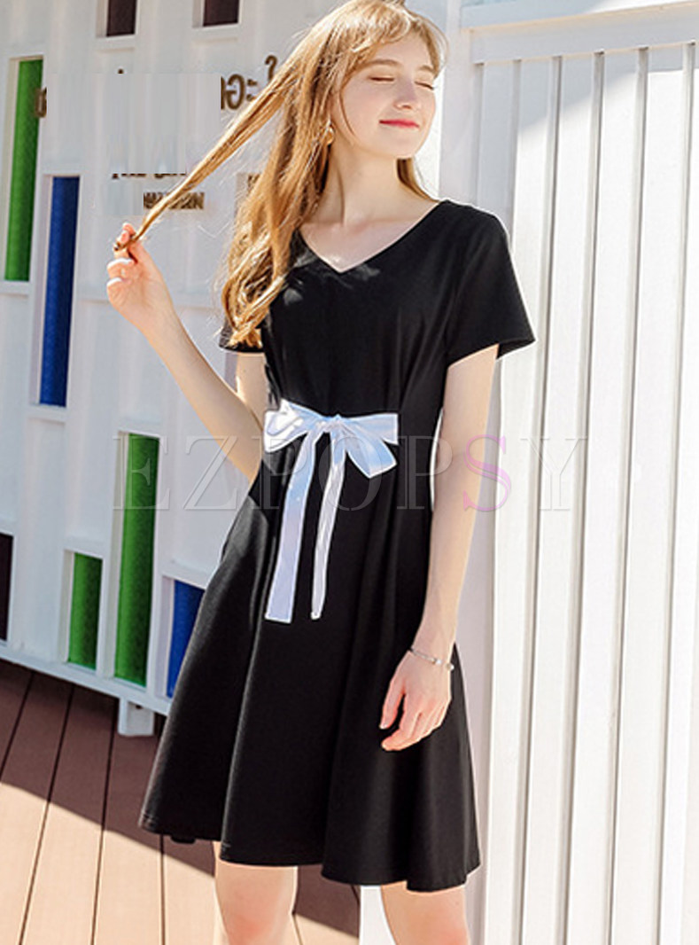 Black Short Sleeve A Line Dress