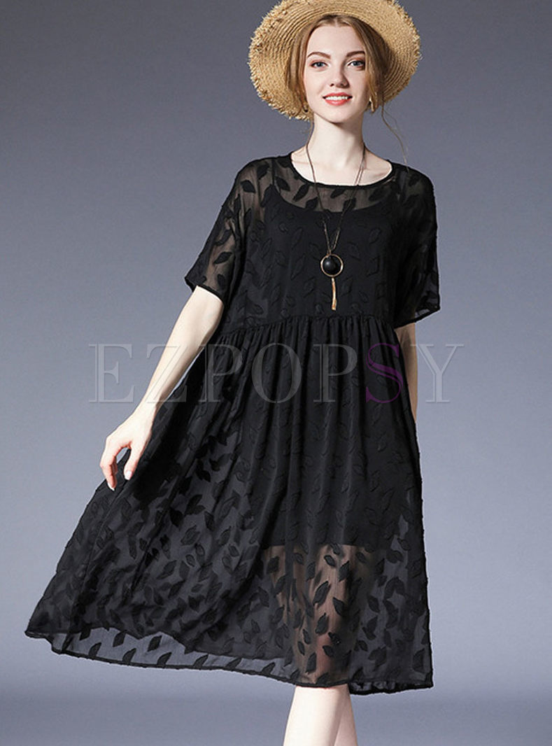 Black See Through Leaf Loose Plus Size Dress With Underskirt