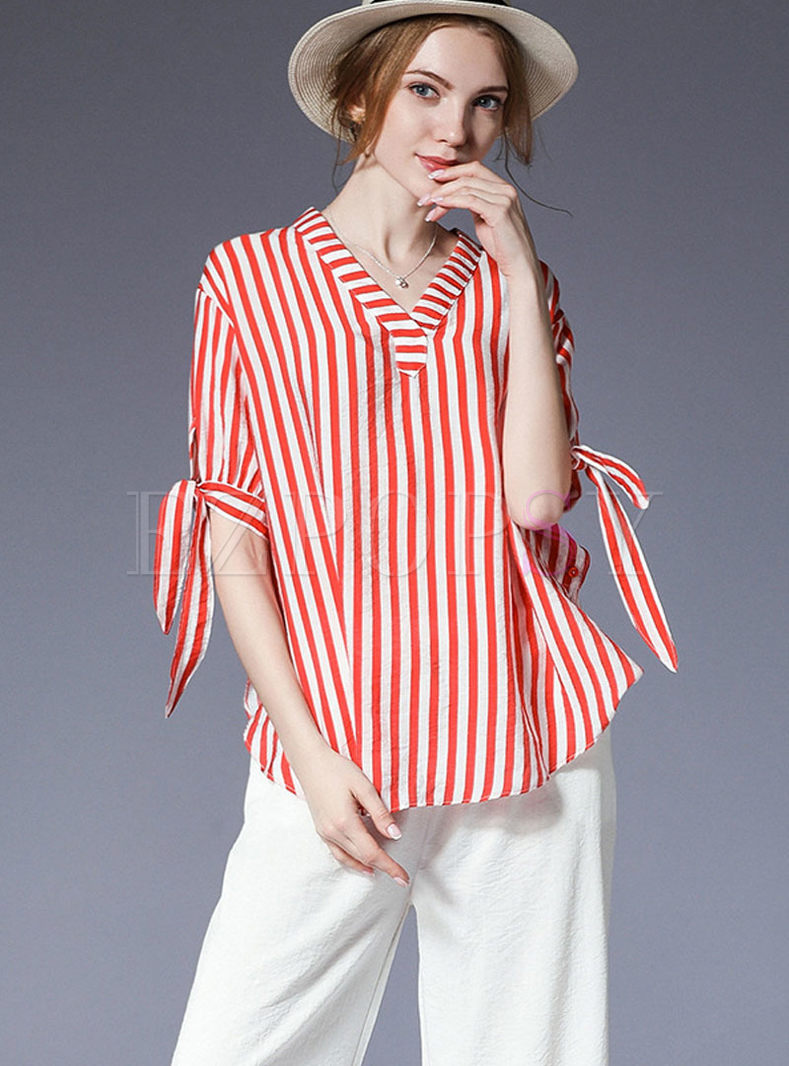 Red Casual Striped Bowknot Plus Size Blouse