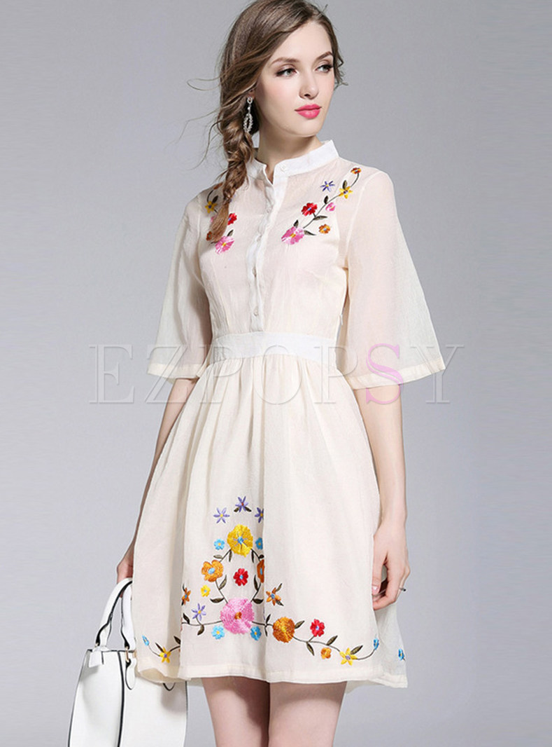 Ethnic Floral Embroidery Skater Dress