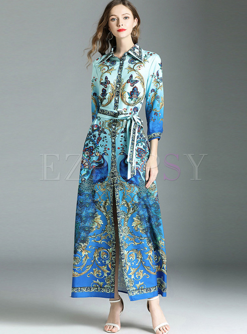 Fashion Lapel Print Belted Split Maxi Dress