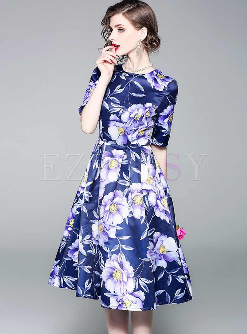 Dresses | Skater Dresses | Elegant Purple Print Half Sleeveless Midi Dress