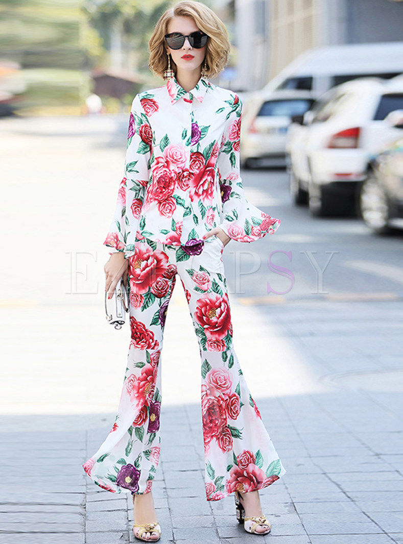 Chic Flower Print Flare Sleeve Two-piece Outfits