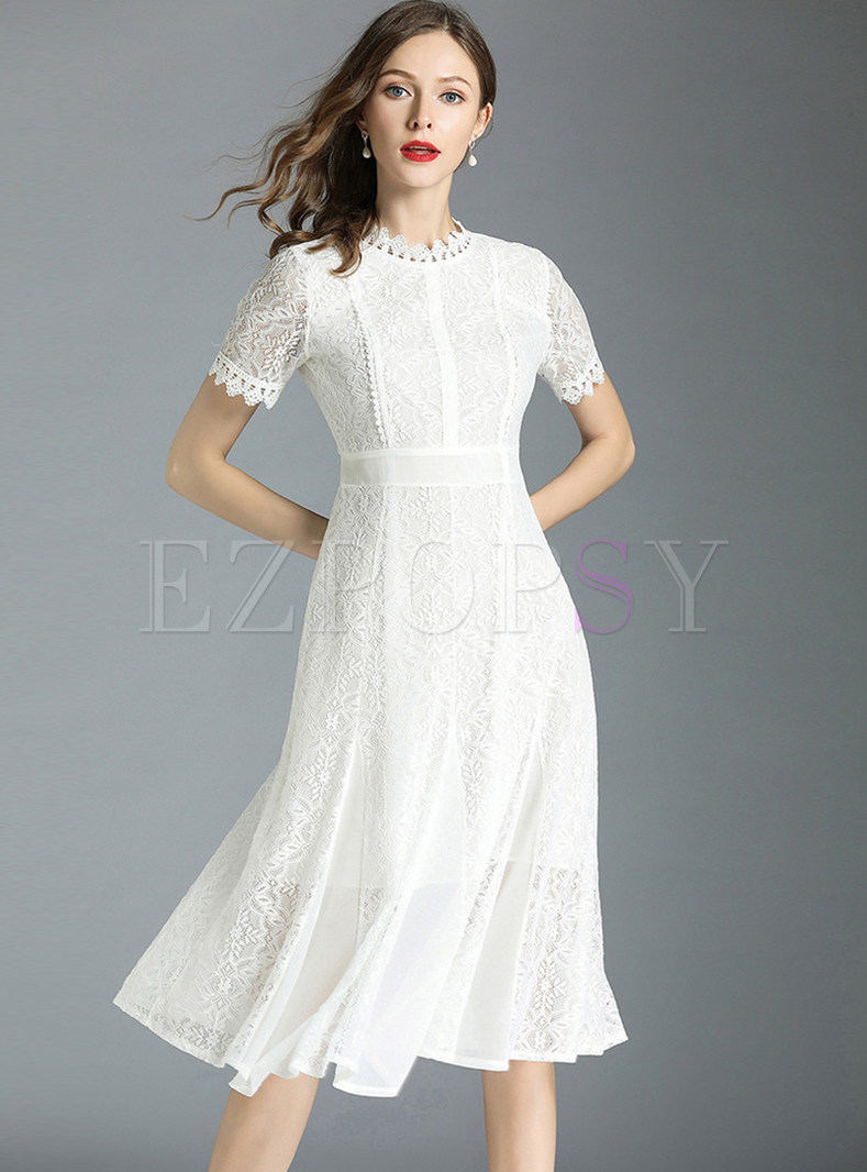 white lace midi dress with sleeves