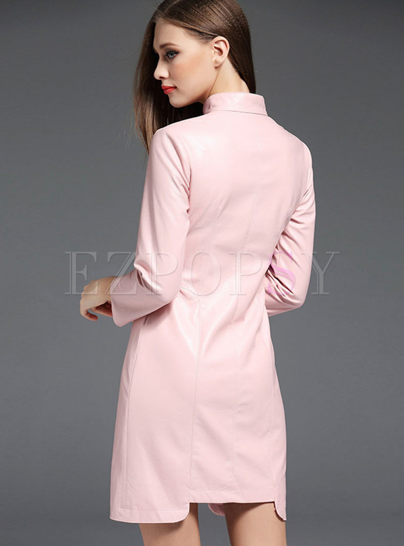 Dresses Skater Dresses Pink Stand Collar Leather Cheongsam 