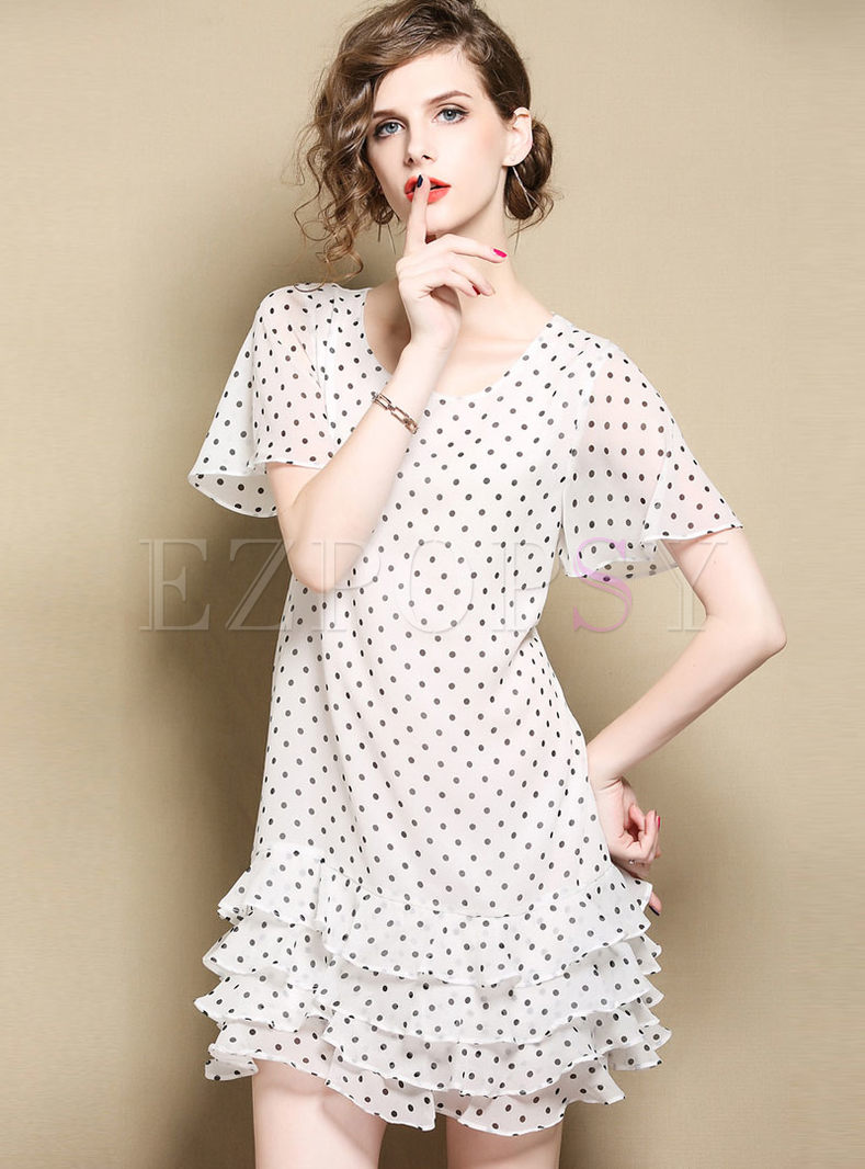 White Casual Dot Print Layered Shift Dress