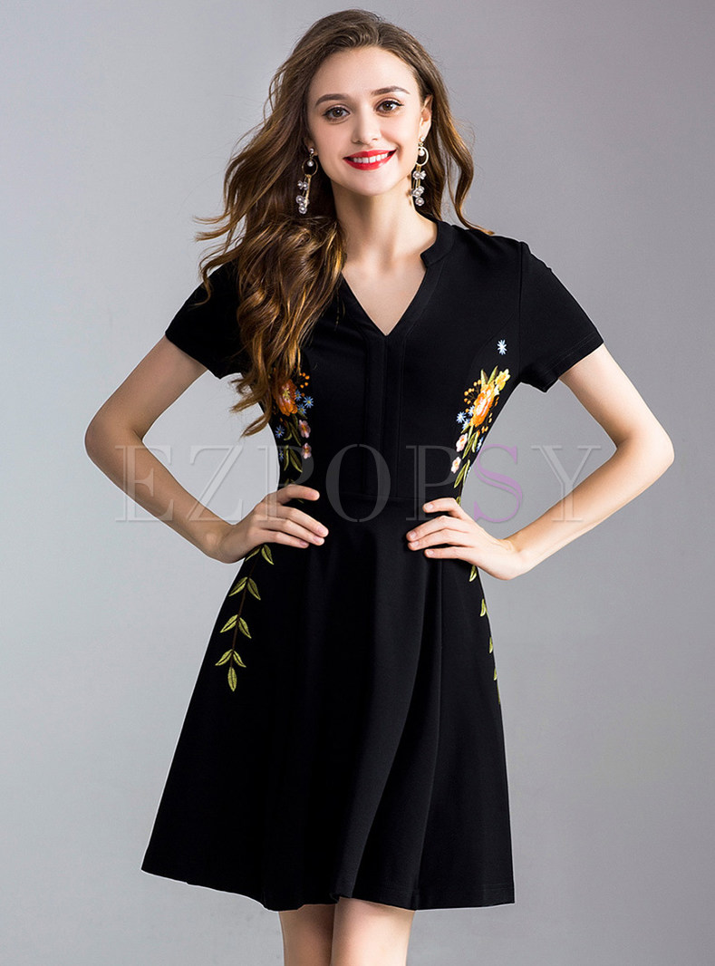 Black Brief Embroidery V-neck A Line Dress