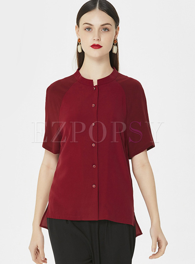 Red Single-breasted Stand Collar Blouse