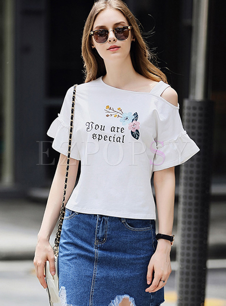 White Off The Shoulder Embroidery T-shirt