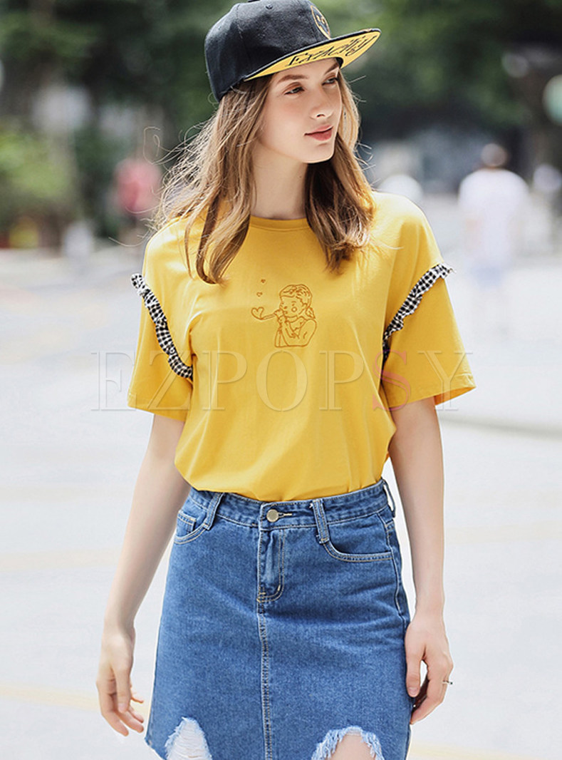 Yellow Brief Embroidery Cotton T-shirt