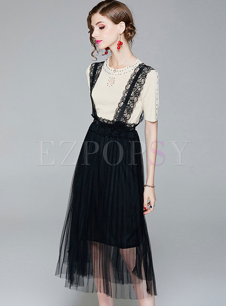 Fashion Knitted Top & Black Lace Mesh Overalls
