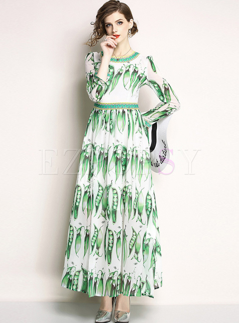 Green Waist Printing Big Hem Maxi Dress