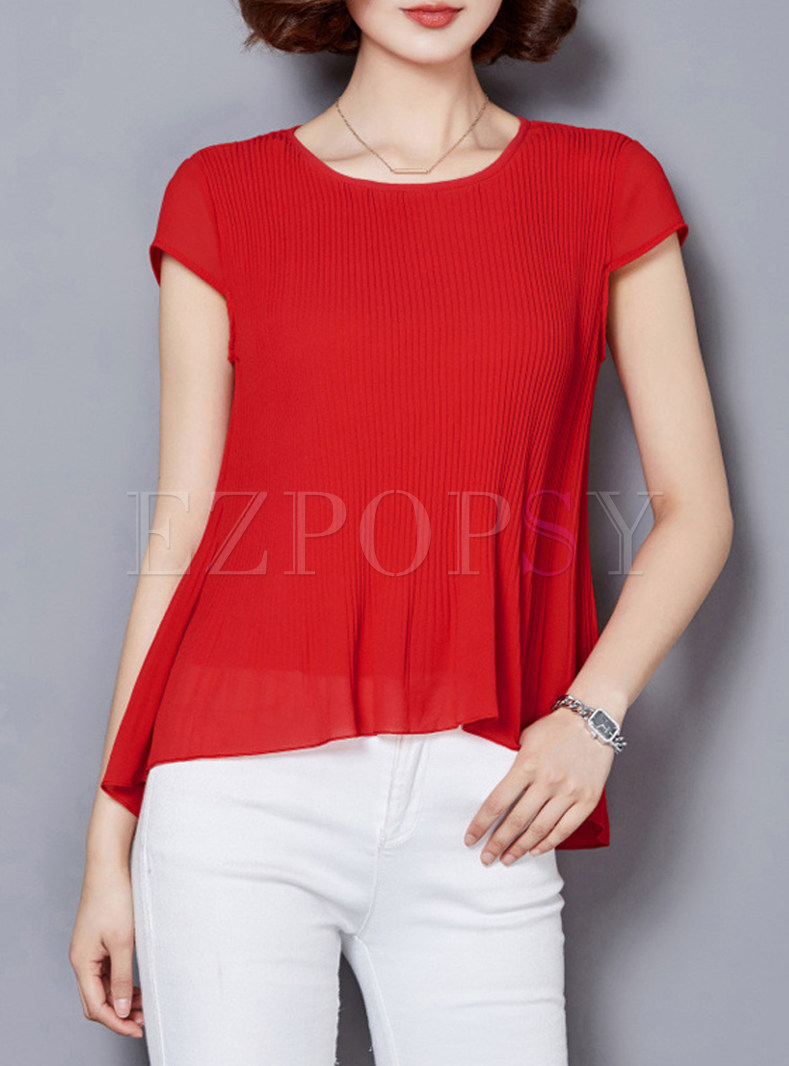 Red Short Sleeve Asymmetric Hem T-shirt
