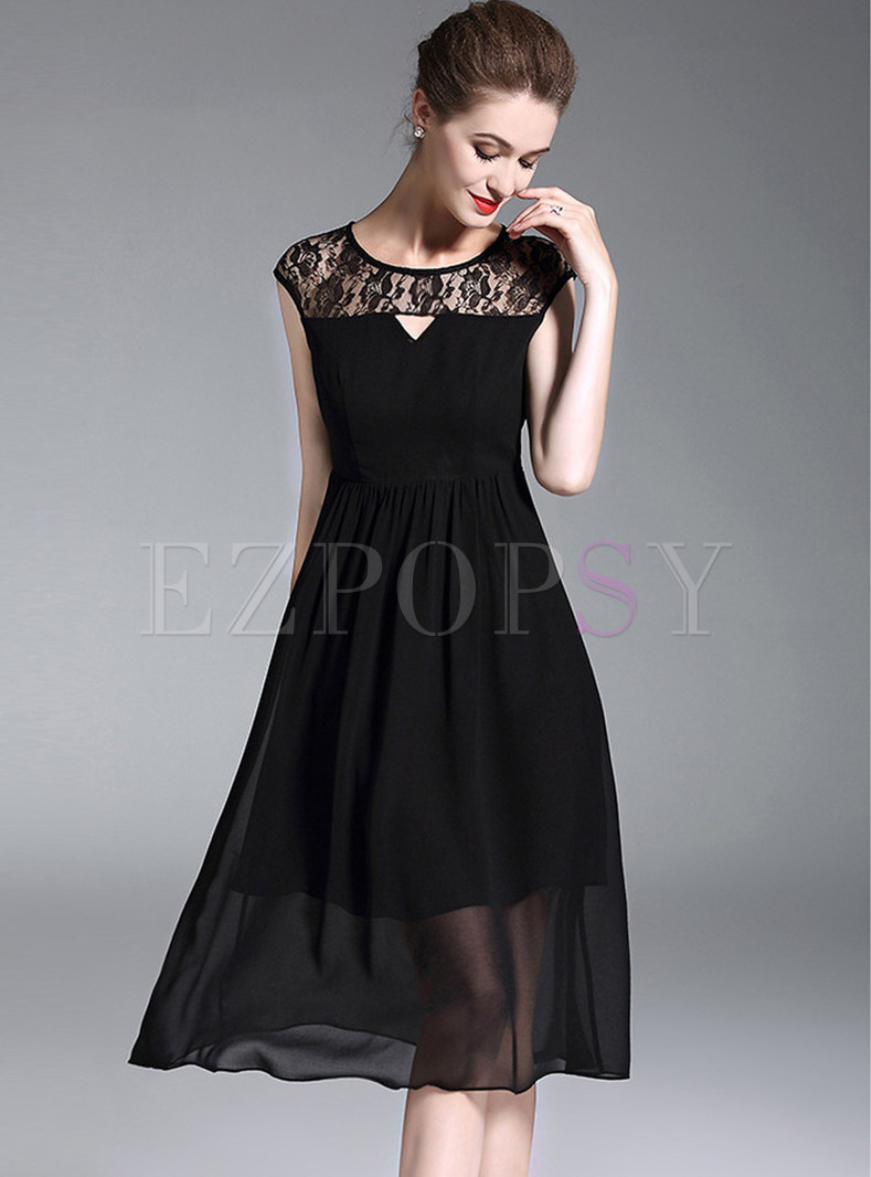 Dresses | Skater Dresses | Elegant Lace Splicing Sleeveless Chiffon Dress