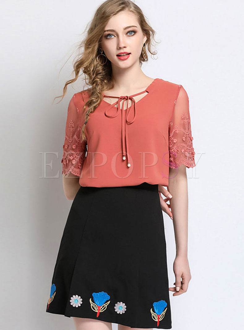 Brick Red Tied V-neck Lace See Through Top