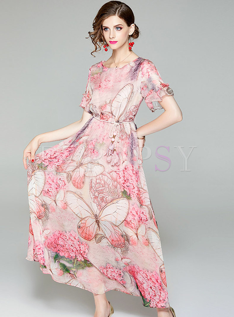 Dresses | Maxi Dresses | Pink Butterfly Print Big Hem Beach Dress
