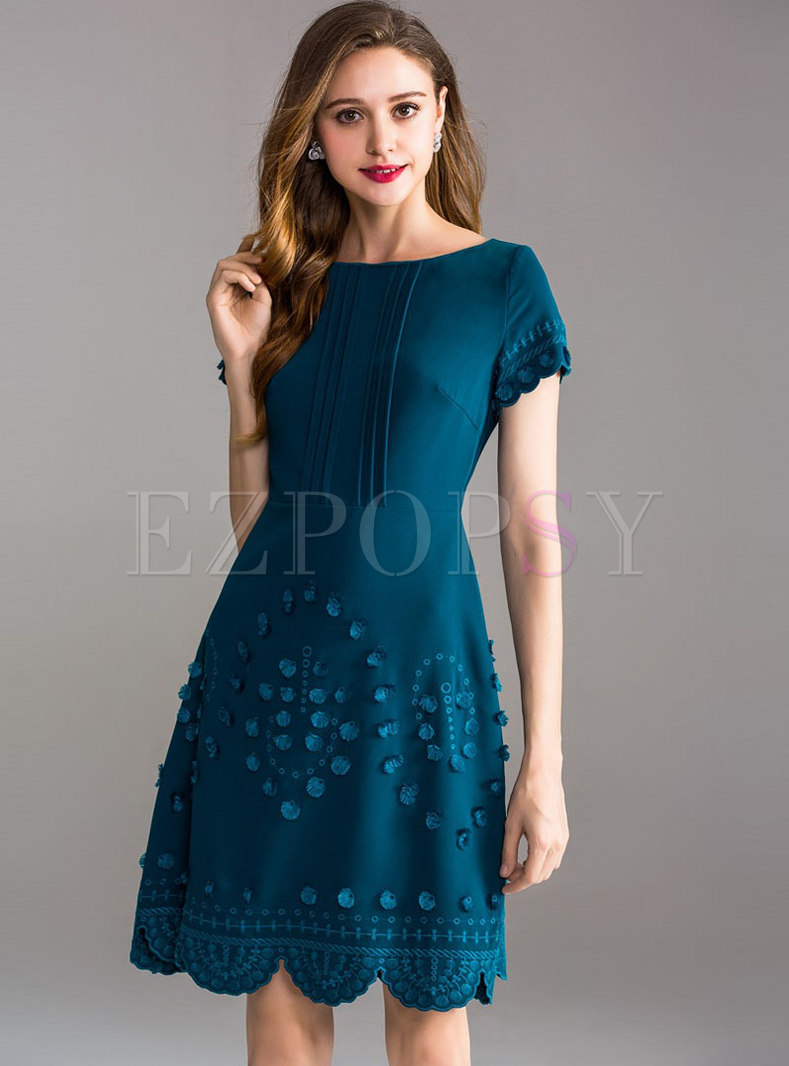 Chic Short Sleeve Splicing Embroidery A Line Dress