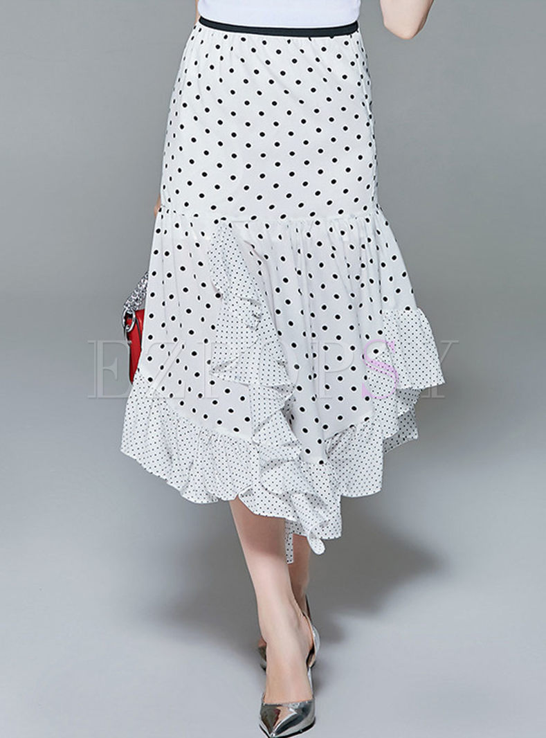 White Falbala Asymmetric Dot Print Skirt