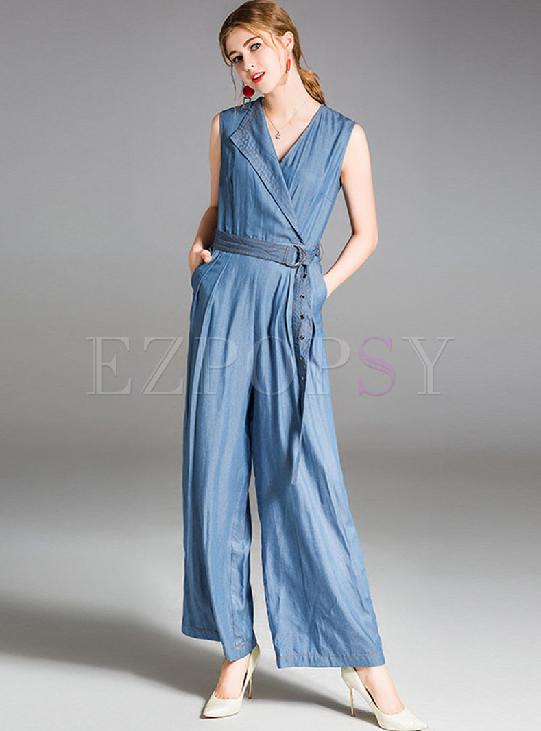Casual Belted Cotton Notched Wide Leg Jumpsuit