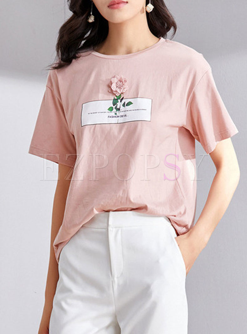 Pink Letter Print Flower Decoration Cotton T-shirt