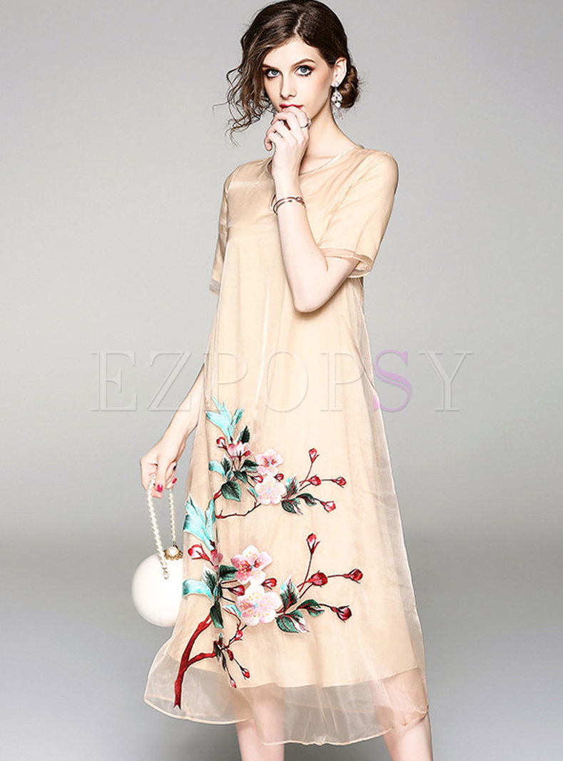 Dresses | Shift Dresses | Khaki Elegant Floral Embroidery Big Hem Shift ...