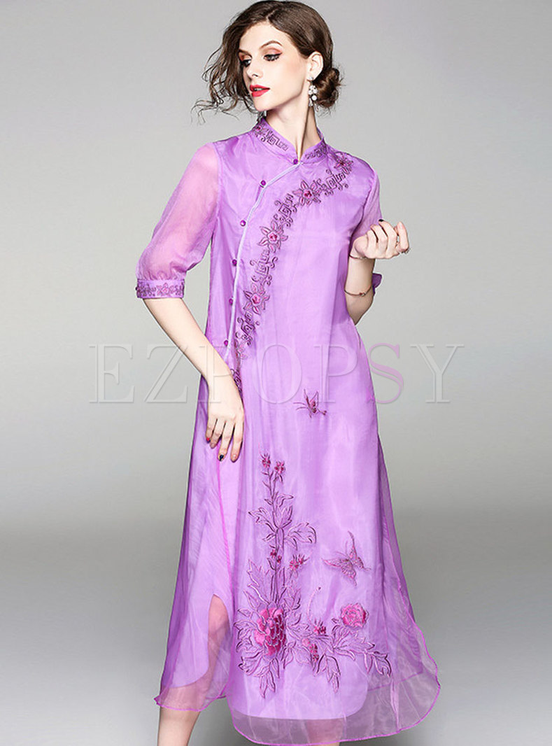 Dresses | Shift Dresses | Purple Ethnic Stand Collar Embroidery Dress