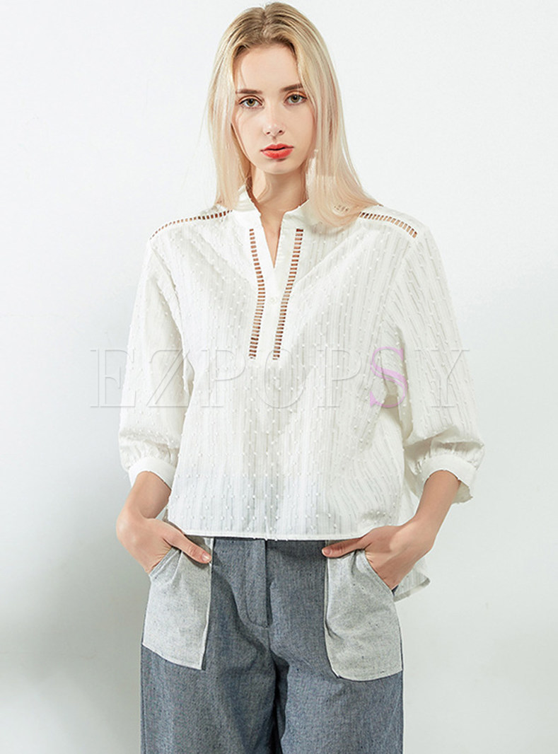White Stylish Loose Hollow Out Blouse