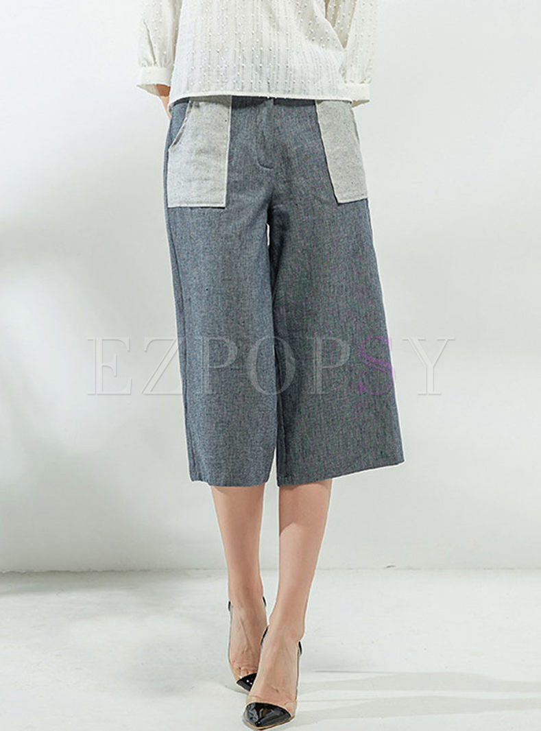 Grey Casual Cotton Pocket Wide Leg Pants