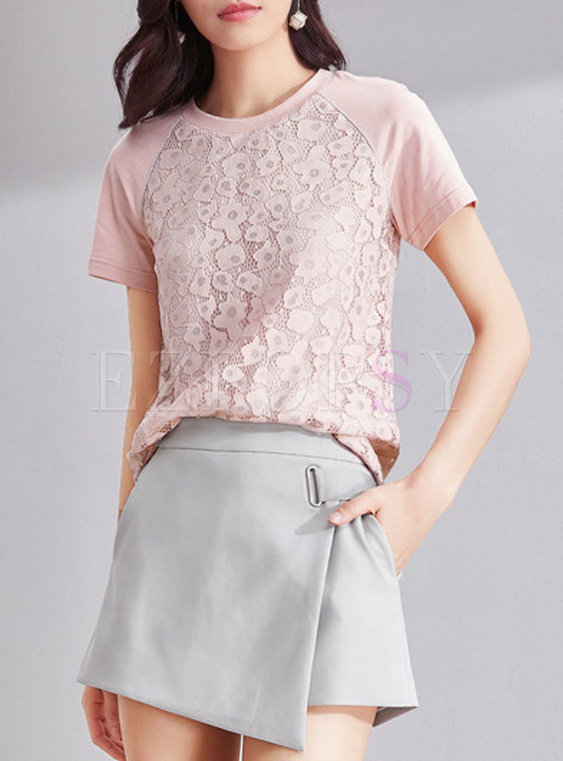 Pink Fashion Lace Short Sleeve Top