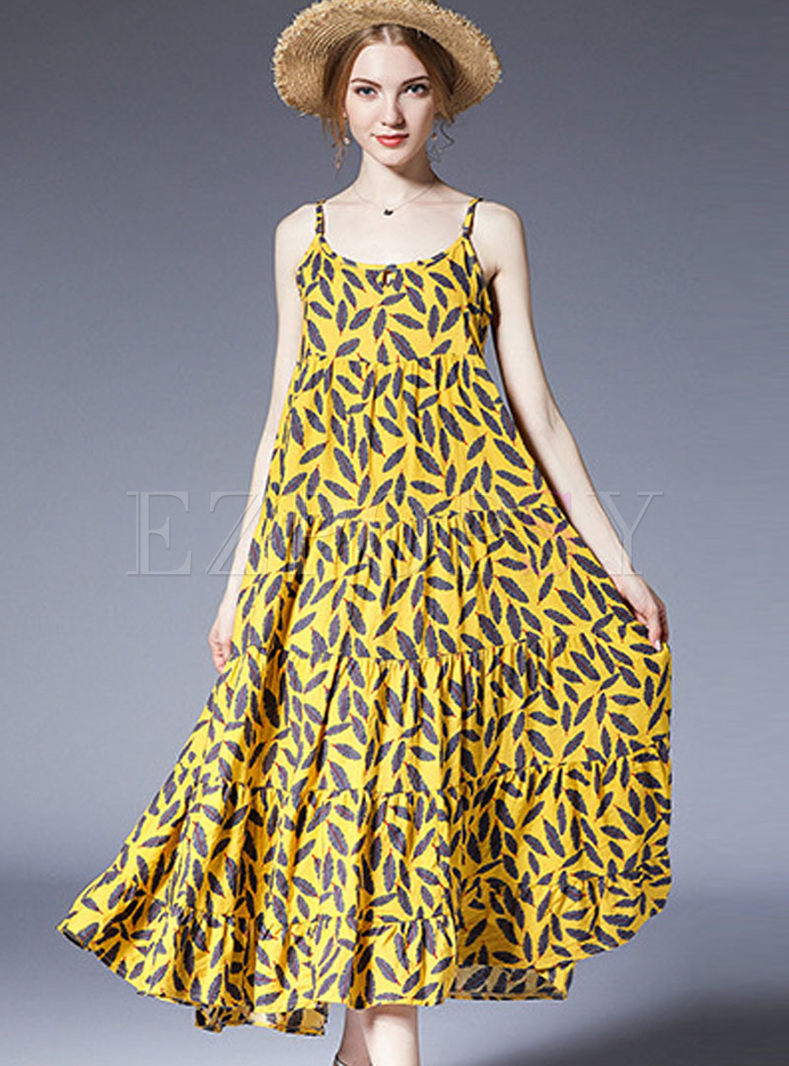 Yellow Leaf Print Big Hem Straight Sun Dress