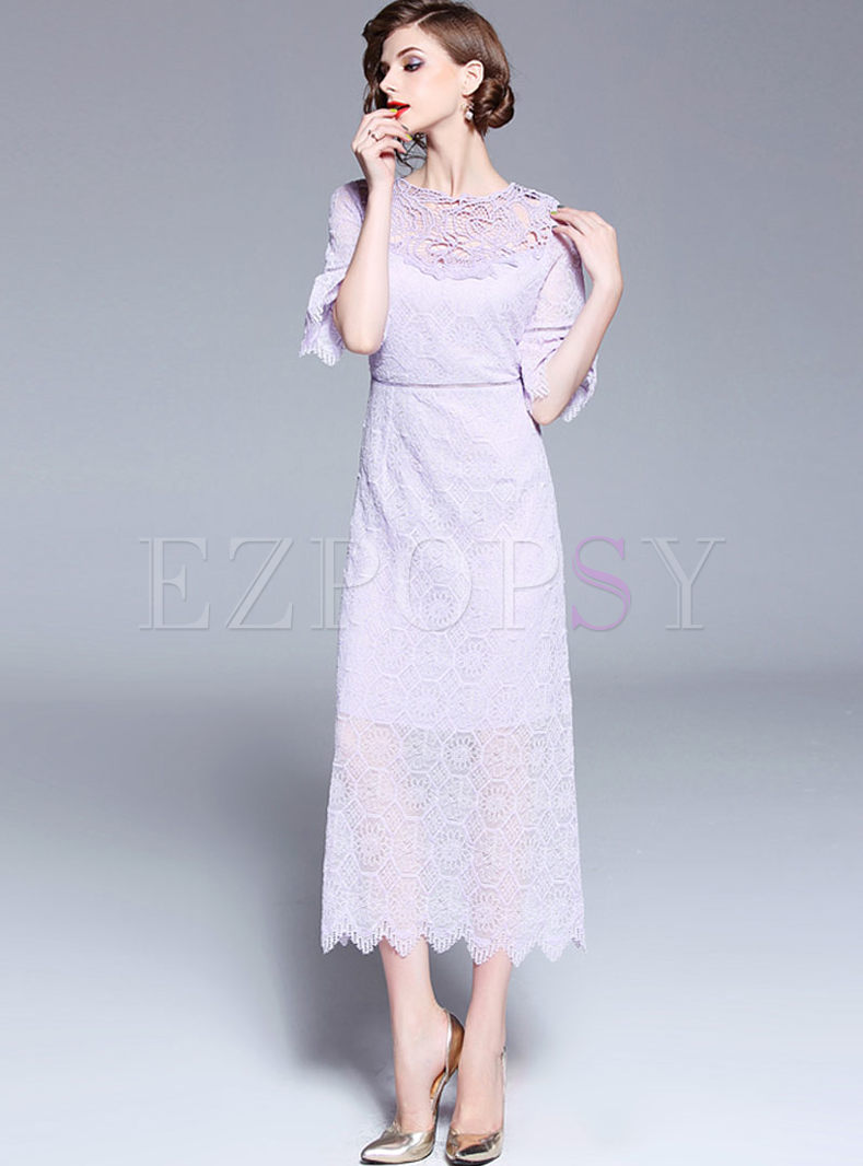 Elegant Lace Flare Sleeve Hollow Out Maxi Dress