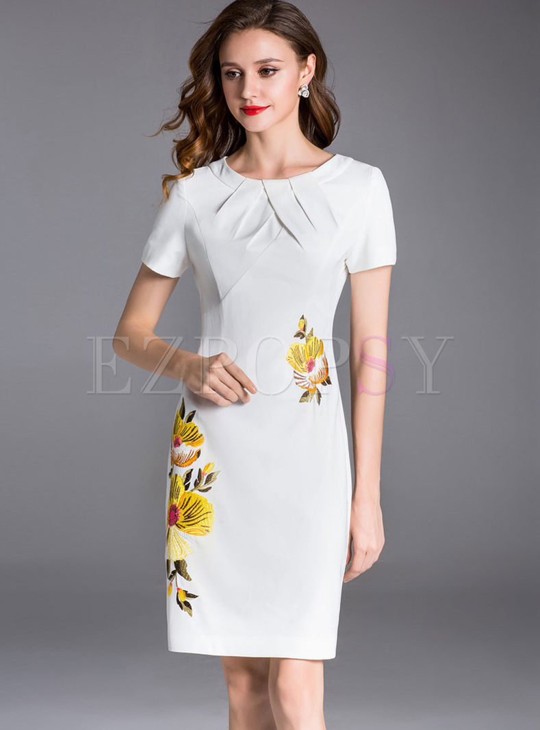 White Embroidery Short Sleeve Elegant Bodycon Dress