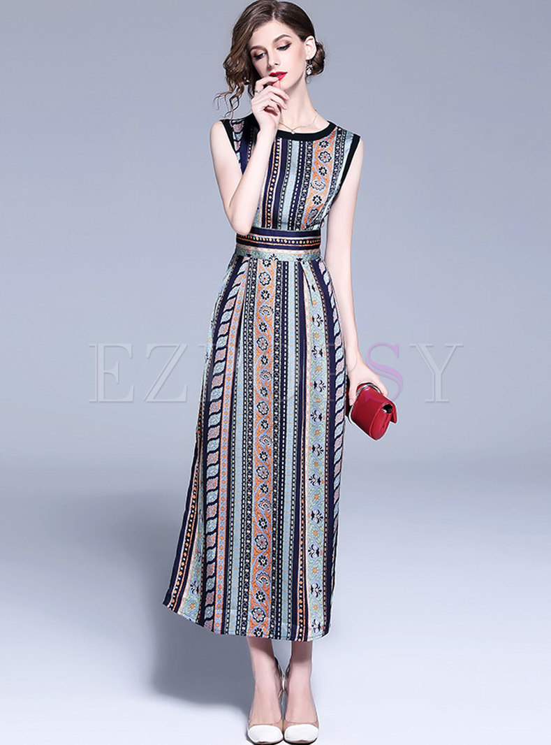 Dresses | Maxi Dresses | Chiffon Striped Sleeveless Split Maxi Dress