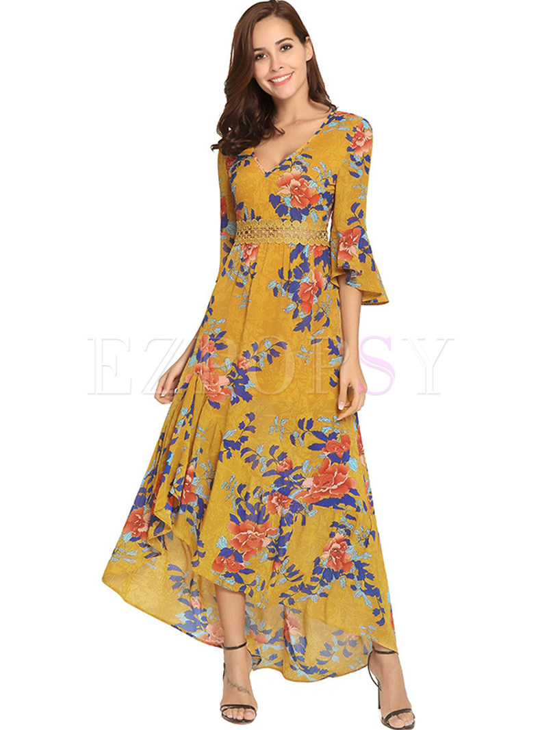 Dresses | Maxi Dresses | Yellow Flower Print Flare Sleeve Maxi Dress