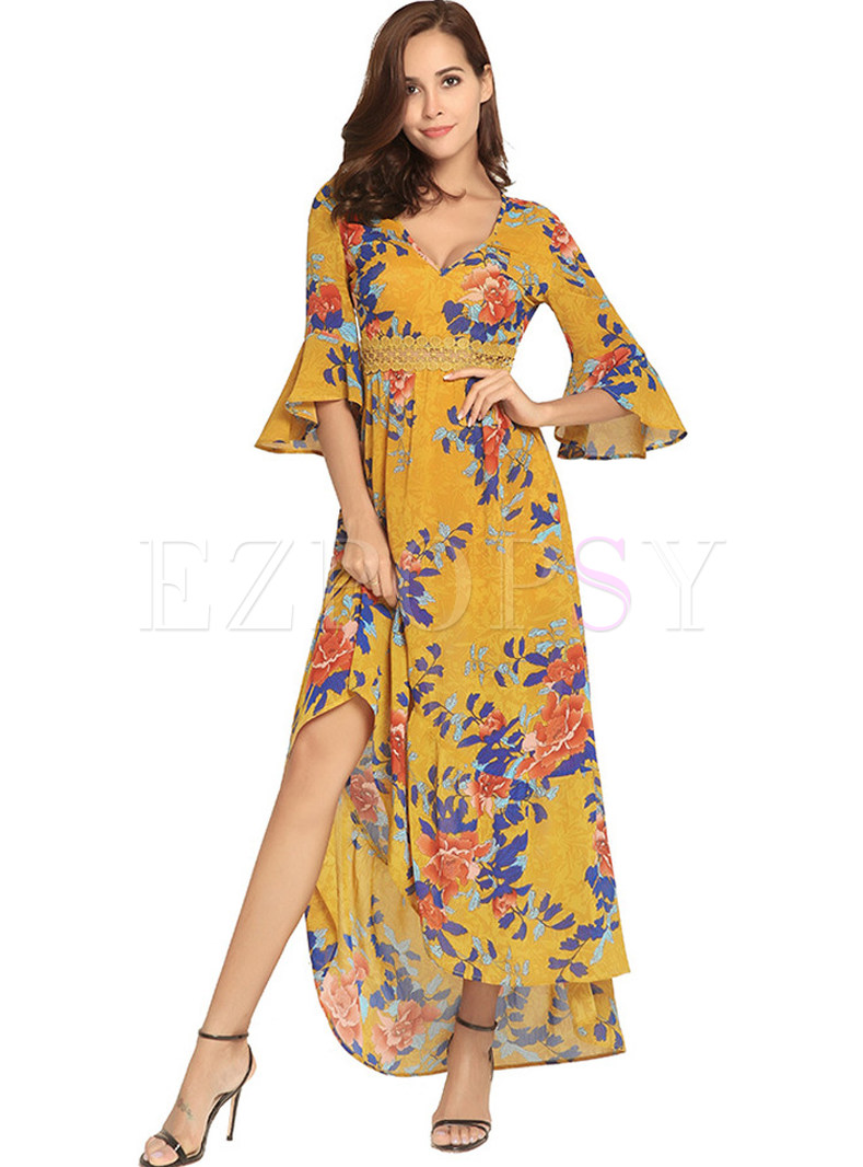 Dresses | Maxi Dresses | Yellow Flower Print Flare Sleeve Maxi Dress