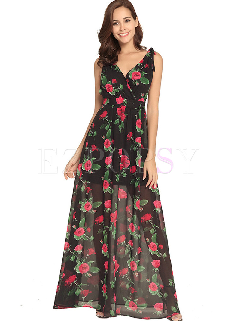 Rose Pattern Sleeveless Chiffon Dress