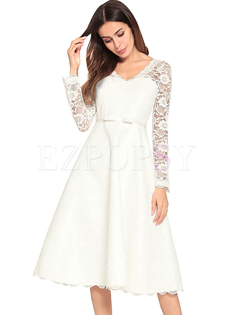 White Hollow Out Long Sleeve A Line Dress