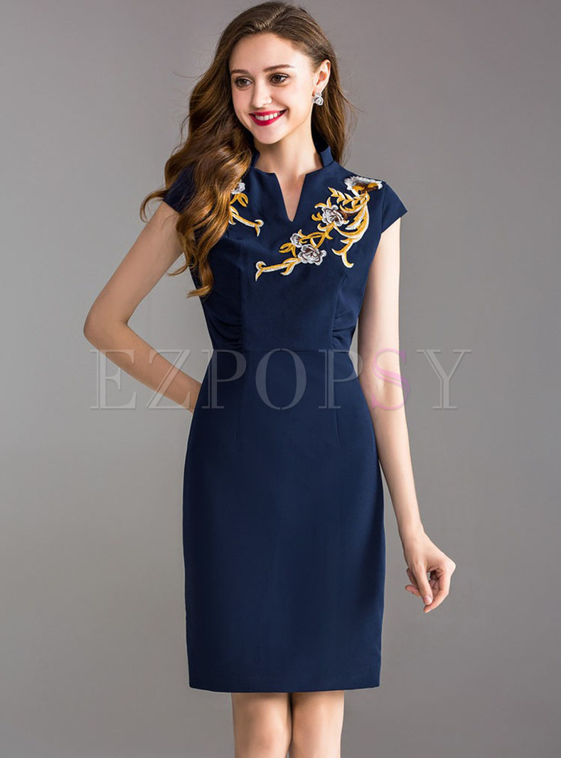 Blue Ethnic Embroidery Bodycon Dress