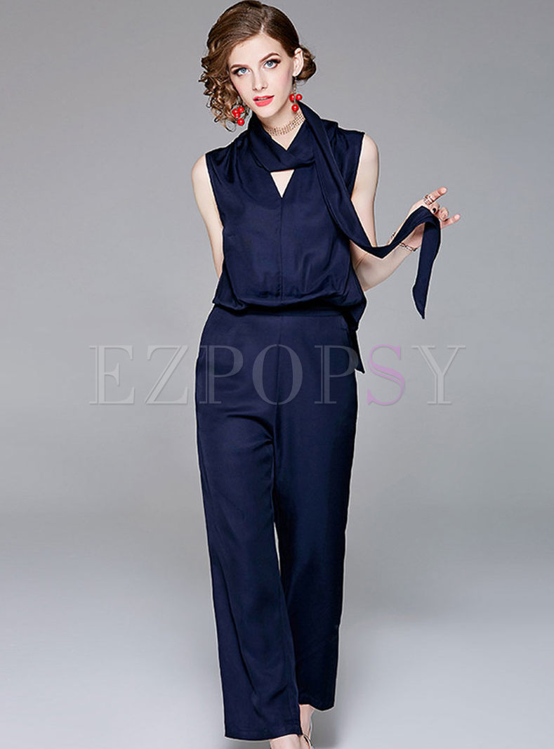 Navy Sleeveless V-neck Pure Color Straight Jumpsuits With Belt 