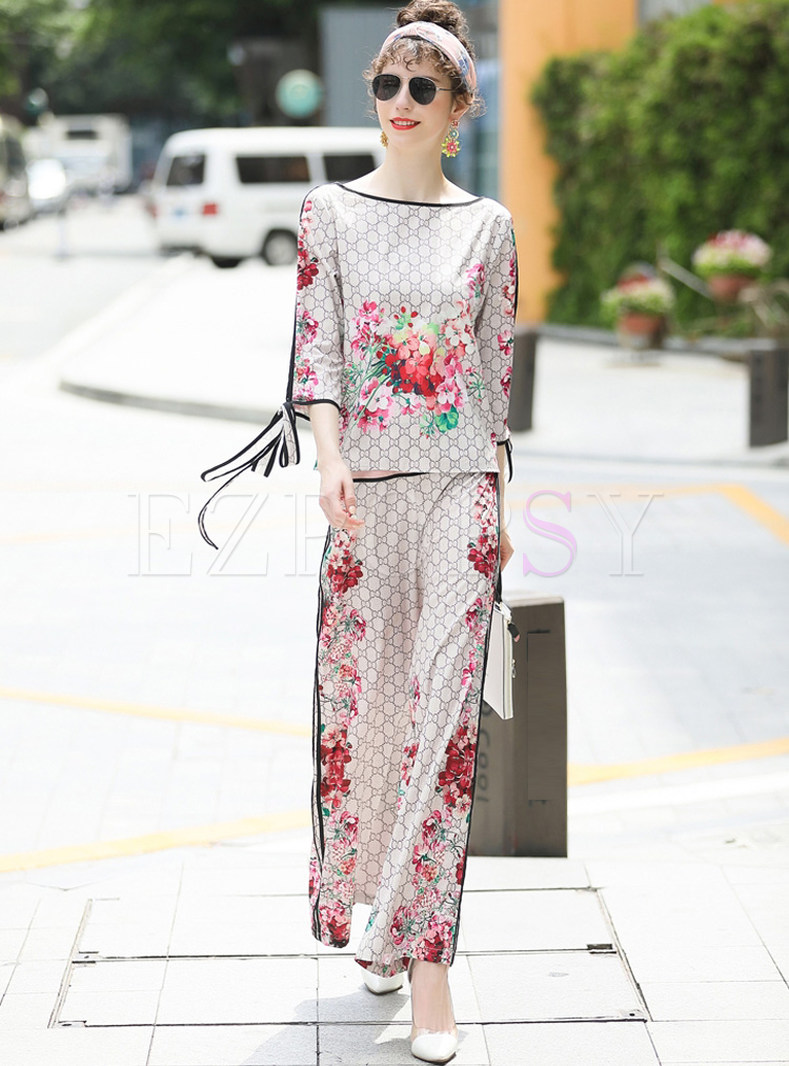 Stylish Flower Print Lacing Two-piece Outfits