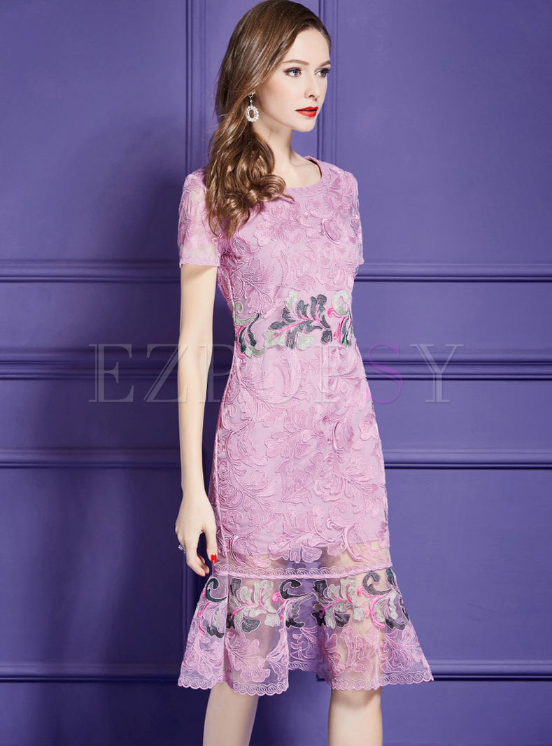 Pink Embroidery Short Sleeve Mermaid Sheath Dress