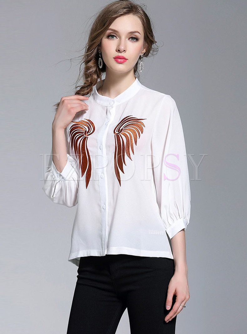 White Embroidery Stand Collar Blouse