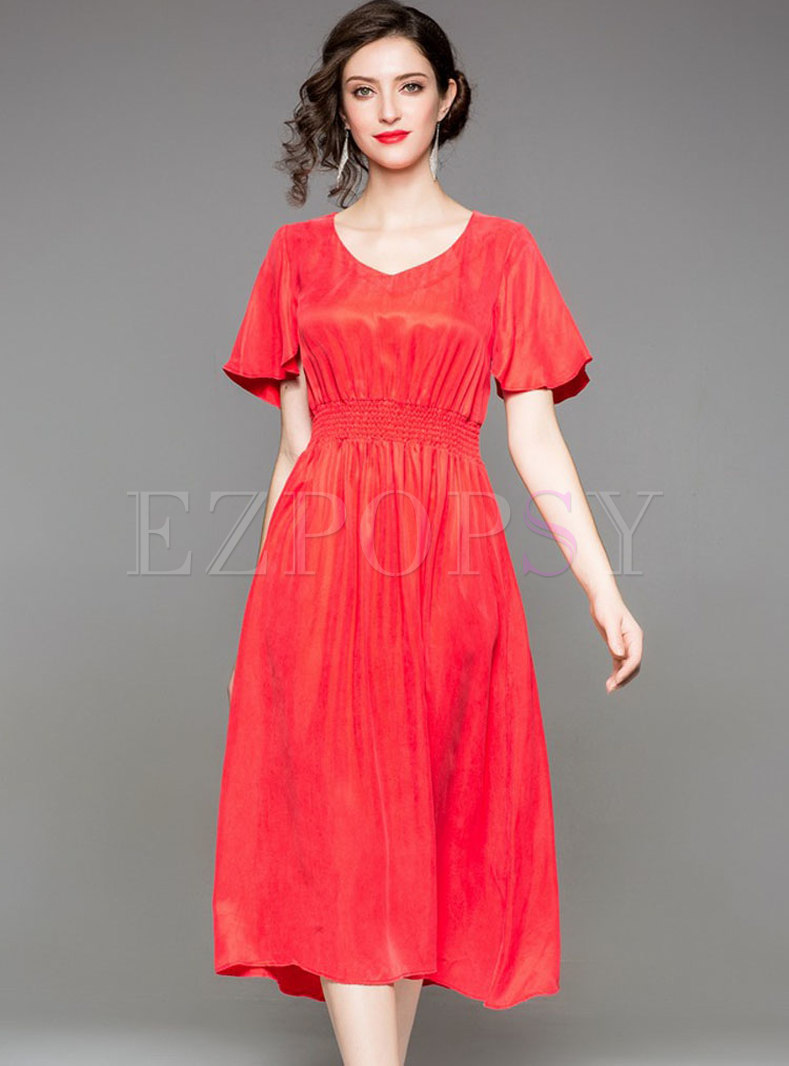 Red Brief Flare Sleeve Midi Dress