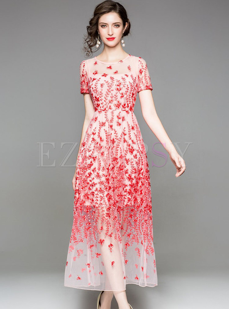 Elegant Gauze Embroidery Waist Prom Dress