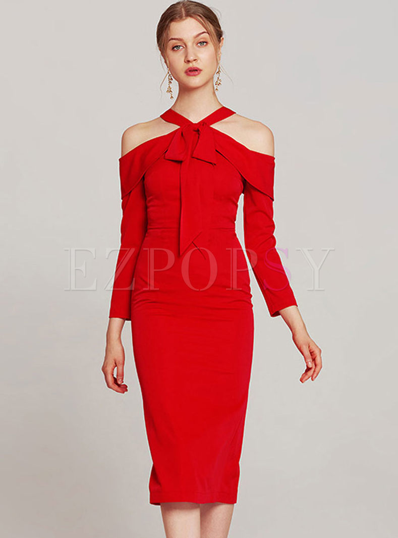 Red Halter Three-quarter Sleeve Formal Slim Dress