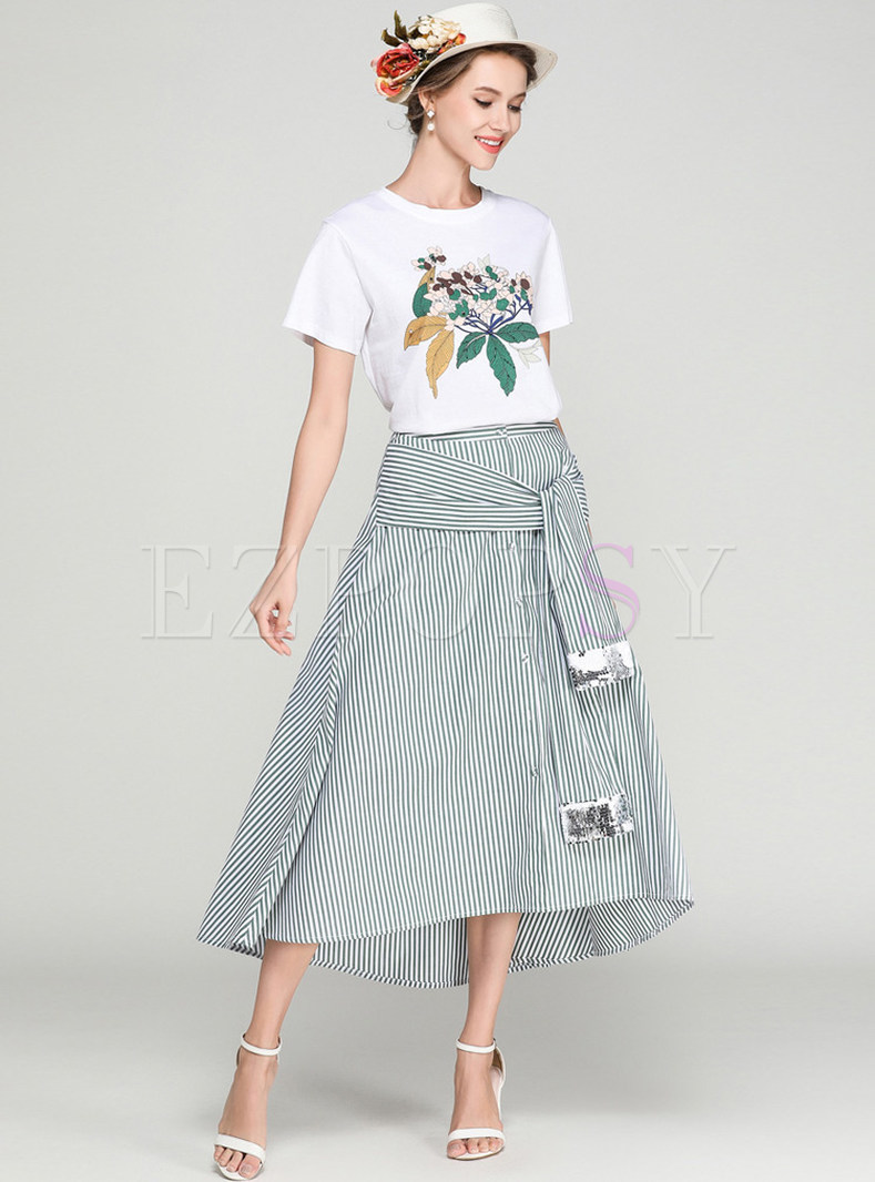 Two-piece Outfits | Two-piece Outfits | White Print T-shirt & Green ...