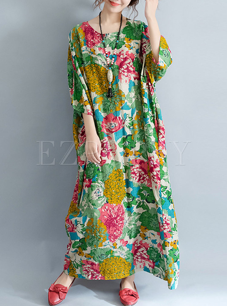 Ethnic Flower Print Loose Maxi Dress